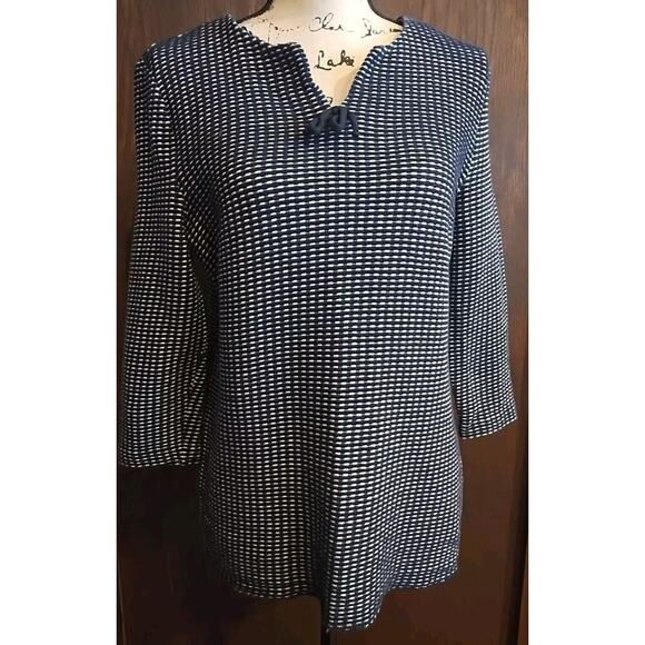 TALBOTS Large Petite Top Tunic Checked 3/4 Sleeve Blue White Split Neck Nautical - Picture 1 of 4
